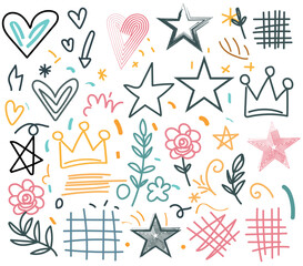 Collection of hand-drawn colorful charcoal doodle elements.Pencil drawings isolated on white background. Crown, rainbow,arrows, circular, stars,cloud, flowers, heart and grid doodle collage elements.
