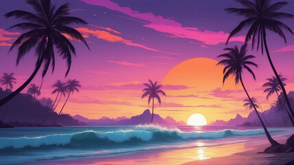 Obraz premium Picturesque Sunset with Palm Trees and Serene Waves