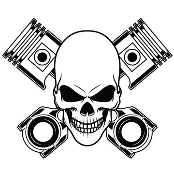 Skull and piston vector design. Black and white biker, badge, rider emblem design	
