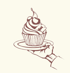 Vector drawing. The hand offers a treacherous treat