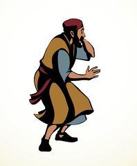 Vector drawing. Afraid man in eastern clothes