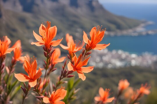  Table mountain watsonia flower bokeh background, AI Generated