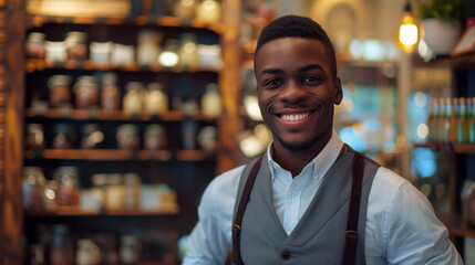 Fototapeta premium Smiling african american male seller in health food store