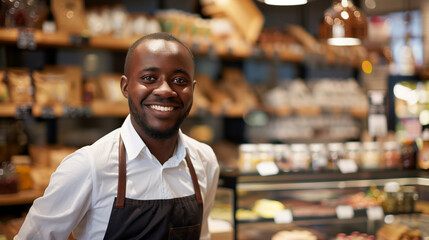 Fototapeta premium Smiling african american male seller in health food store