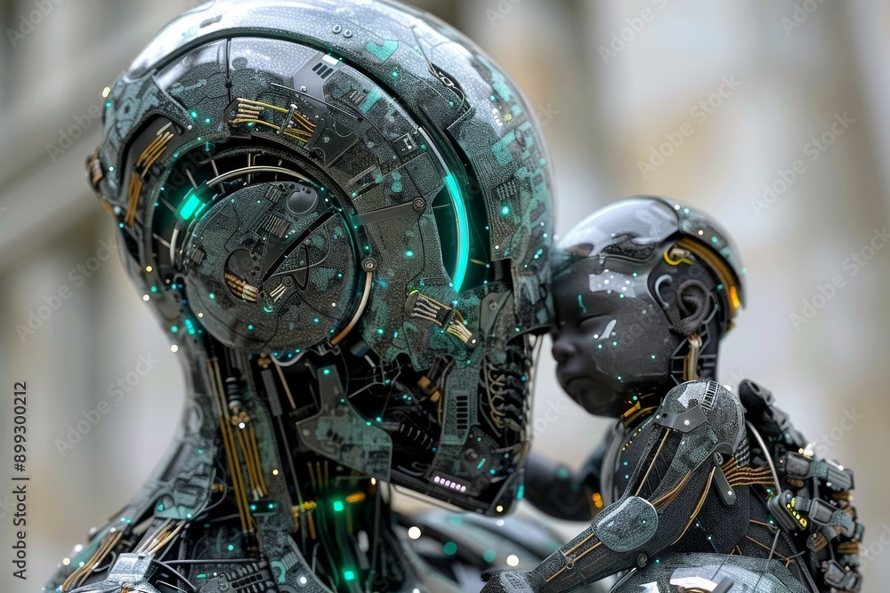 Poster tender interaction between a human and a robotic child symbolizing connection technology and future 