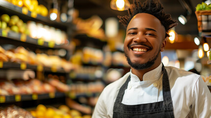 Fototapeta premium Smiling african american male seller in health food store