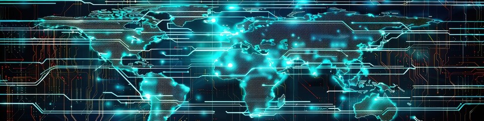 Naklejka premium A futuristic map of the world featuring a digital display with continents rendered in a pixel art style and interconnected by glowing circuit lines