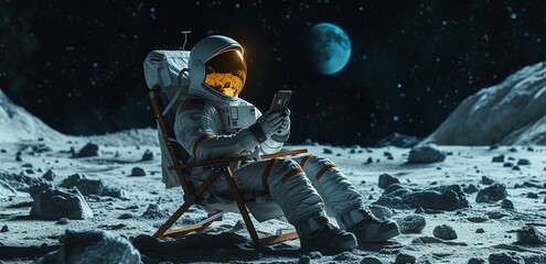 Lunar Astronaut In Space Suit Walking On the Moon. Planet Earth Is Visible. 3d rendering