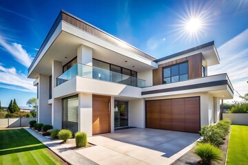 Fototapeta premium Modern house with a wooden door and garage door.