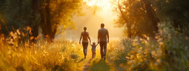 Mom dad kid hold hands at sunset. Joyful merry happy family together kid child boy playing jumping parents lifting kid up by hands moving forward strolling across field towards golden setting sun rays