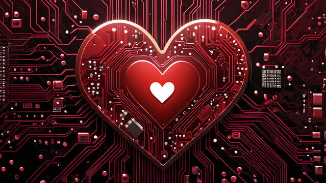 Circuit board background with red heart Valentine technology business card