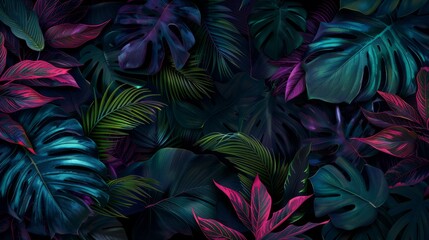Dark pattern with exotic leaves, Bright color, realistic