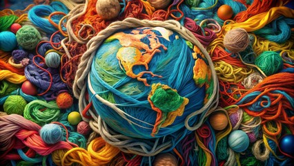 Vibrant illustration depicts distressed planet Earth surrounded by tangled yarn, threads, and discarded garments, highlighting fashion's devastating ecological footprint.