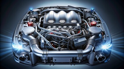 Fototapeta premium High-tech automotive diagnostic equipment with flashing lights and wires surrounds a sleek, silver engine on a gray background.