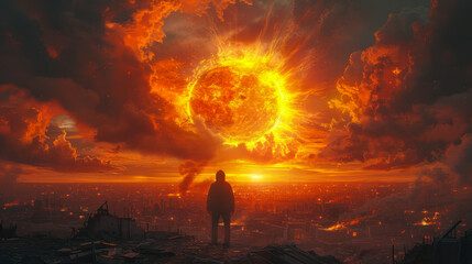 Fototapeta premium Man Observing Apocalyptic Explosion in Ruined Cityscape at Sunset, Digital Art Depicting End of the World, Dramatic Atmosphere, Destruction and Urban Decay