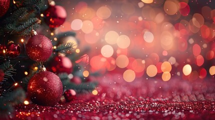 Festive Christmas Tree with Red Ornaments and Bokeh Lights on a Vibrant Background