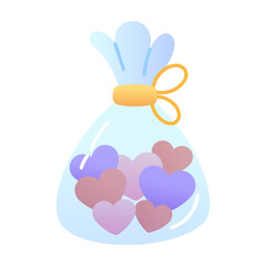 A flat icon of heart candies in a sack  