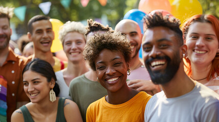 Grupo de amigos diversos disfrutando de un evento al aire libre, sonriendo y compartiendo momentos de felicidad bajo los globos y banderines coloridos en un parque durante un día soleado.