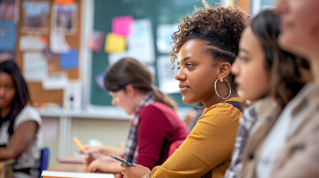 Estudiante universitaria afroamericana concentrada en clase, participando activamente en una discusi&oacute;n educativa con compa&ntilde;eros de fondo