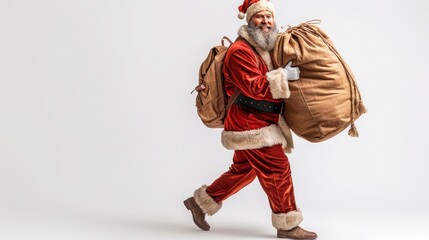 Santa Claus with Massive Present Bag on White Background - Perfect for Festive Greetings and Christmas Advertising