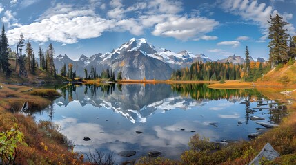 Obraz premium serene lake view with snow-capped mountain and autumn colors in the scene