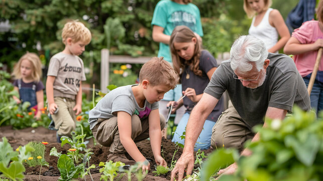 Abuelos y nietos trabajando juntos en la huerta, compartiendo conocimientos y fortaleciendo lazos familiares a trav&eacute;s de la jardiner&iacute;a