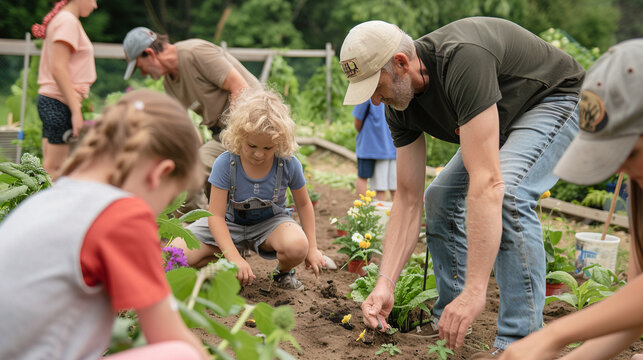 Abuelos y nietos trabajando juntos en la huerta, compartiendo conocimientos y fortaleciendo lazos familiares a trav&eacute;s de la jardiner&iacute;a