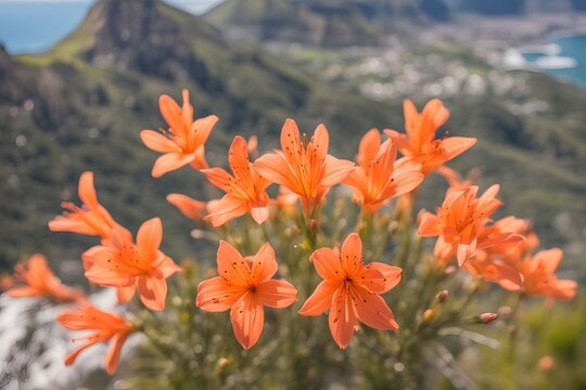  Table mountain watsonia flower bokeh background, AI Generated