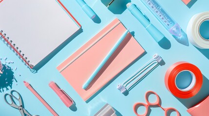 Fototapeta premium Ultra-clear flat lay of office essentials including a notepad, scissors, and tape dispenser