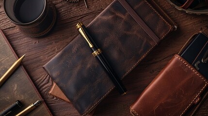 Flat lay of elegant stationery items including a fountain pen and a leather-bound notebook, highly detailed