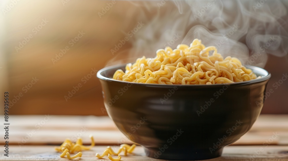 Poster Delicious instant noodles steam gently in a black bowl, creating a warm and inviting atmosphere on the rustic wooden table. Generative AI