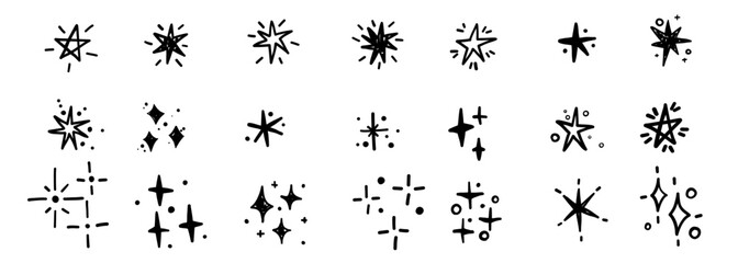 Comic cute doodle monochrome stars bursting sparkling stars collection set. Fireworks holiday silhouettes.