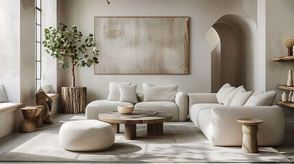 A minimalist living room with a neutral color palette, clean lines, and luxurious textiles, creating a serene and inviting space for relaxation and contemplation