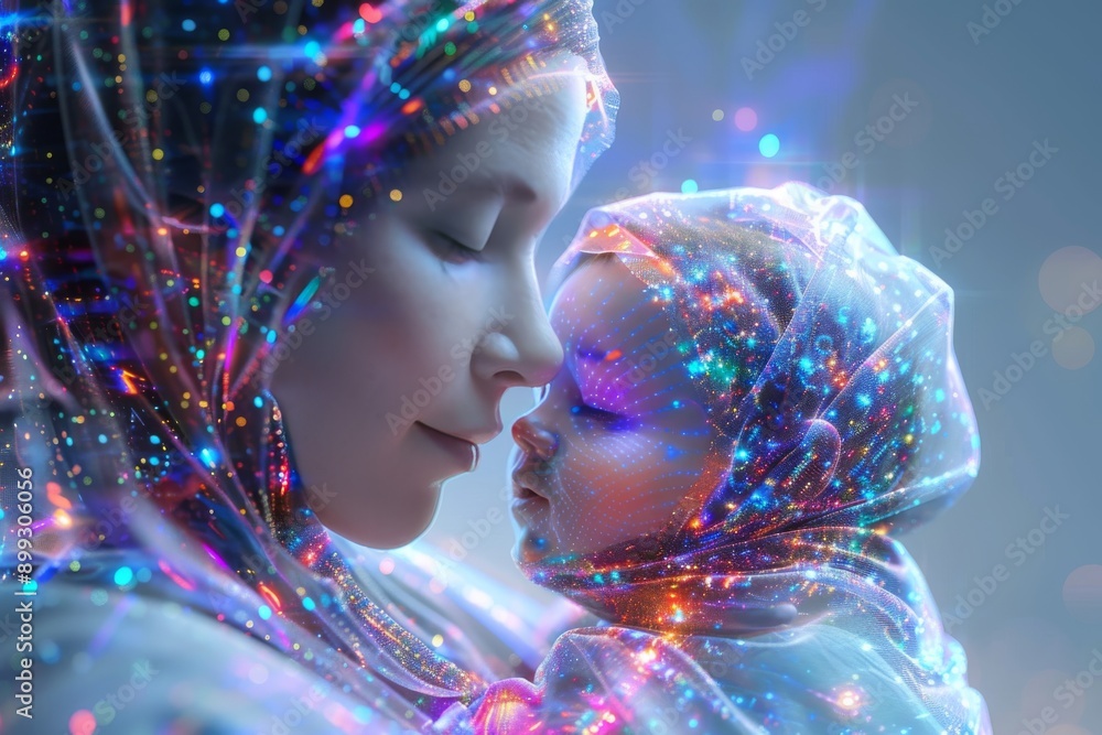 Poster tender moment between a mother and child in a digital environment symbolizing love connection and fu