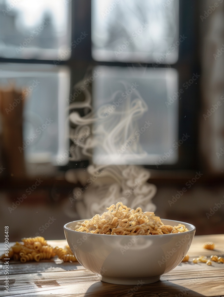 Poster a steaming bowl of instant noodles rests on a wooden table, with soft morning light illuminating the
