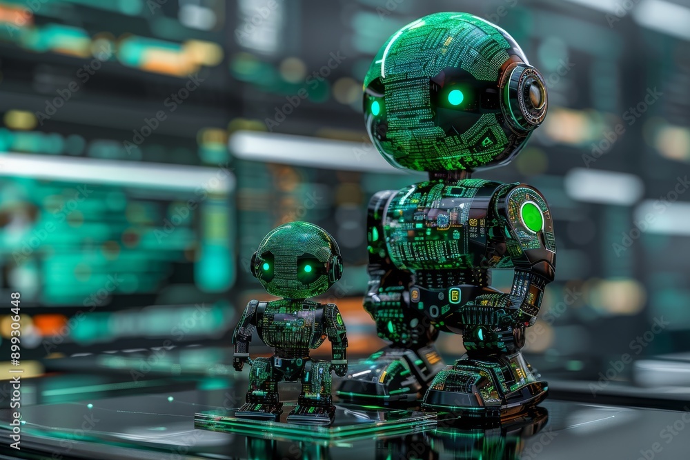 Poster green glowing robotic figures in a futuristic setting showcasing advanced technology innovation and 