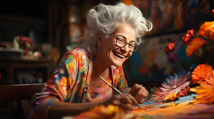 Obraz premium Elderly woman, very happy, with a big smile, wears glasses, has white gray hair, is wearing a colorful shirt, is in a painting workshop, generative AI