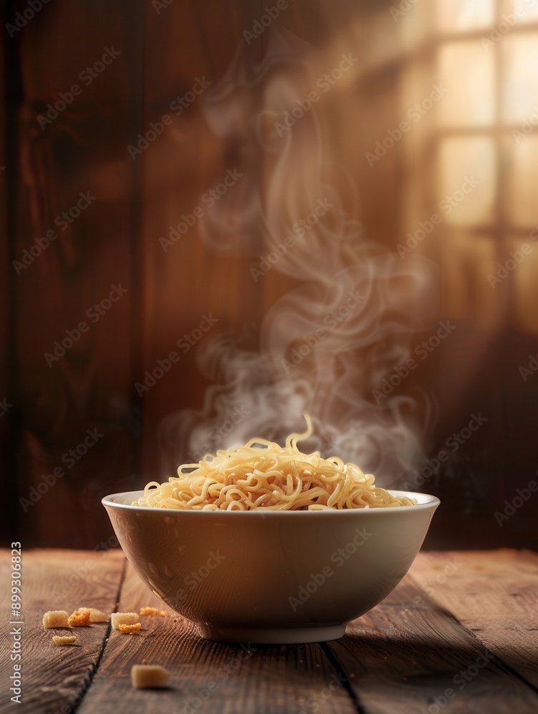 Aufkleber Steam rises from a bowl of instant noodles, creating a warm and inviting atmosphere in a rustic kitchen. Generative AI