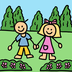 Hand drawn kids holding hands together for background, wallpaper, backdrop, cute couple, children, family, environment, poster, post card, trip, vacation, travel, print, patches, shirt print, tree