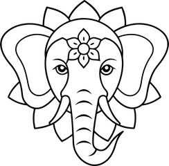 Elephant head coloring page kids friendly simple line art cute elephant  face with geometric flower mandala design pattern minimal clipart art KDP coloring interior