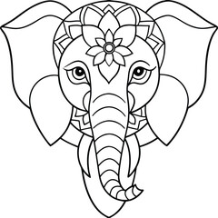 Elephant head coloring page kids friendly simple line art cute elephant  face with geometric flower mandala design pattern minimal clipart art KDP coloring interior