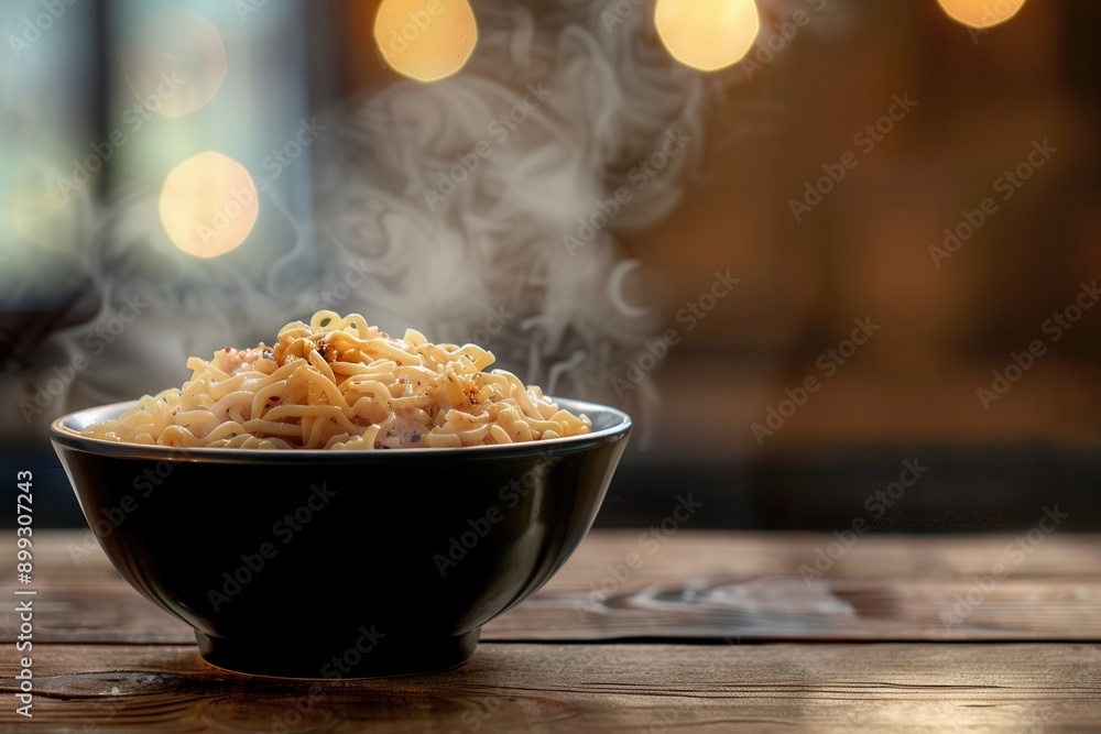Poster a steaming bowl of delicious instant noodles sits on a warm wooden table, inviting you to enjoy a qu