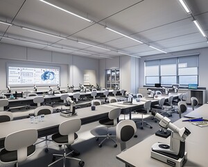 Fototapeta premium A modern science classroom with lab tables, microscopes, and interactive whiteboards. The room is designed for hands-on learning and experiments.