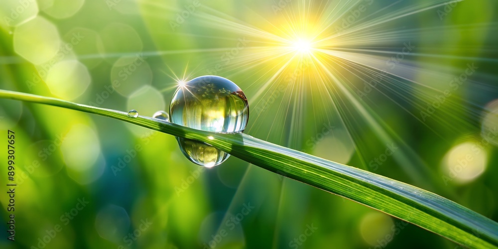 Aufkleber a tiny shimmering world within a water droplet refracting sunlight on a blade of grass ai-generated 