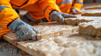 A construction worker lays insulation material on a wooden surface, showcasing safety gear and focus on building efficiency.