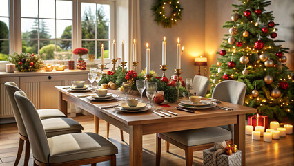 Fototapeta premium Festive Christmas table setting with elegant decor fills the warm wooden dining room, perfect for a cozy indoor dinner party