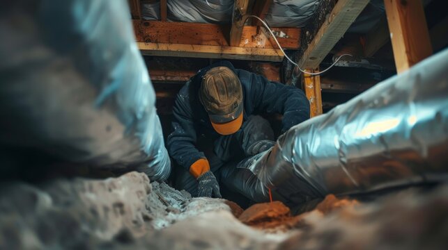 A technician works carefully in a crawl space, inspecting ductwork and ensuring proper insulation for optimal home efficiency.