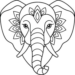 Elephant head coloring page kids friendly simple line art cute elephant  face with geometric flower mandala design pattern minimal clipart art KDP coloring interior
