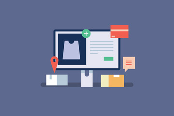 Add Products to eCommerce store, eCommerce website inventory management, eCommerce software technology processing online orders. Vector illustration background.