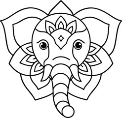 Elephant head coloring page kids friendly simple line art cute elephant  face with geometric flower mandala design pattern minimal clipart art KDP coloring interior